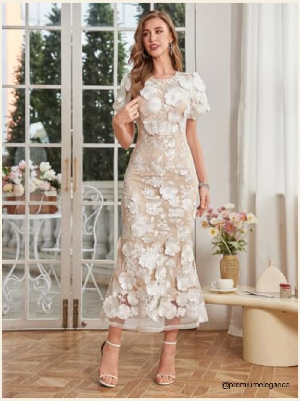 3D Floral Embroidery Maxi Dress Ruffle Sleeve Fishtail Bodycon Party - Picture 5 of 7